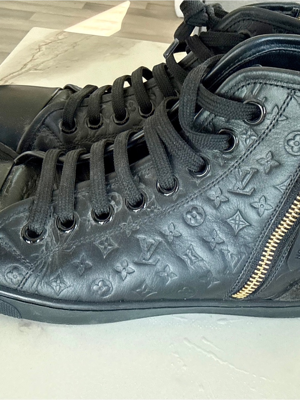 Louis Vuitton Black Monogram Embossed High-Top Shoe with Gold Zip